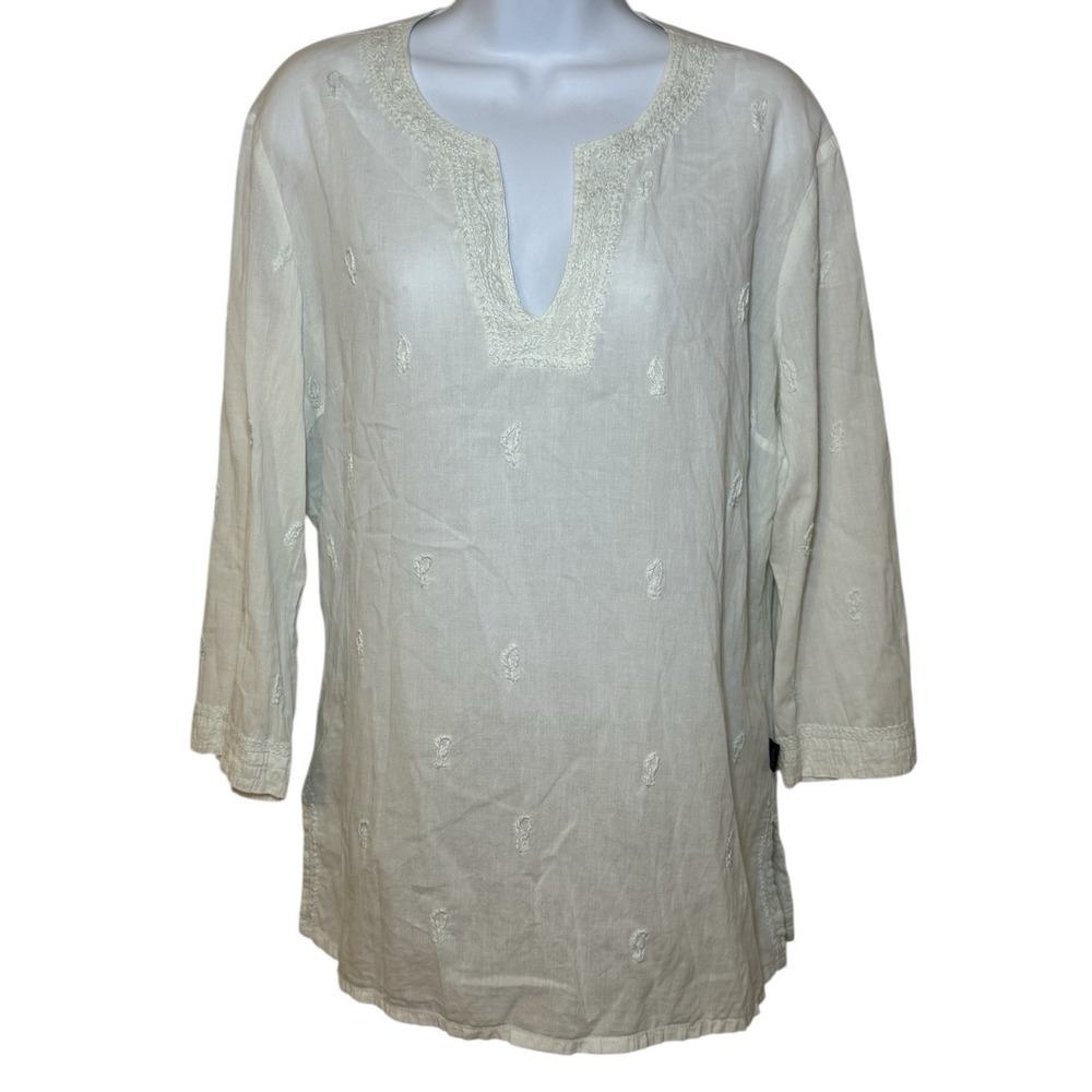 Kuhl‎ Boho Top Women's Large 3/4 Sleeve White Floral Embroidered Blouse Casual
